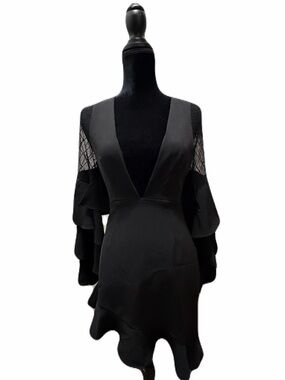 NBD Revolve Black Ruffle Lace Bell Sleeve Mini Dress Slanted Hem size XS NWT